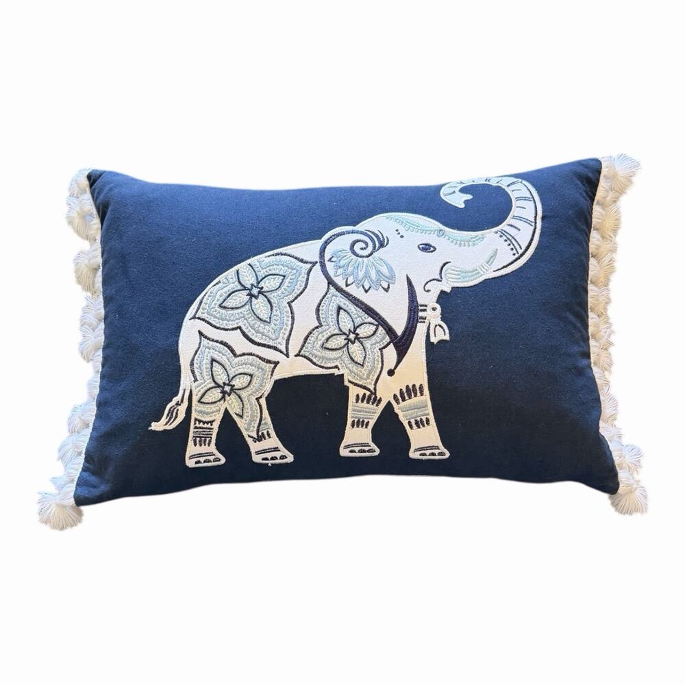 Elephant “Royal” And Decorative Print Pillow With Head Piece And Bells Pom Poms